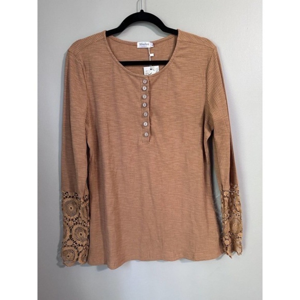 Miselon Womens Long Sleeve Henley Shirt V Neck Lace Button Top Ribbed Knit Large